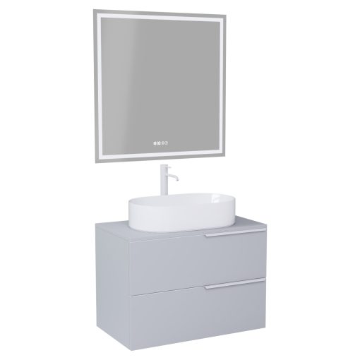 HD Carona Fume Grey 60 komplett fürdőszoba bútor fali mosdószekrénnyel, matt fehér fogantyúkkal, szürke mosdópulttal és tükörrel