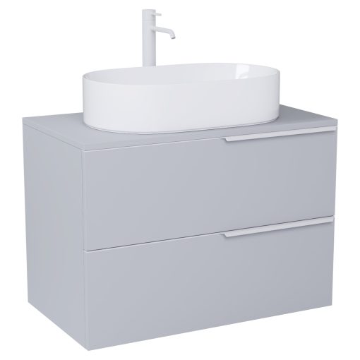 HD Carona Fume Grey 60 komplett fürdőszoba bútor fali mosdószekrénnyel, matt fehér fogantyúkkal, szürke mosdópulttal és tükörrel