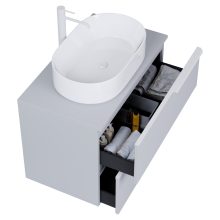 HD Carona Fume Grey 60 komplett fürdőszoba bútor fali mosdószekrénnyel, matt fehér fogantyúkkal, szürke mosdópulttal és tükörrel