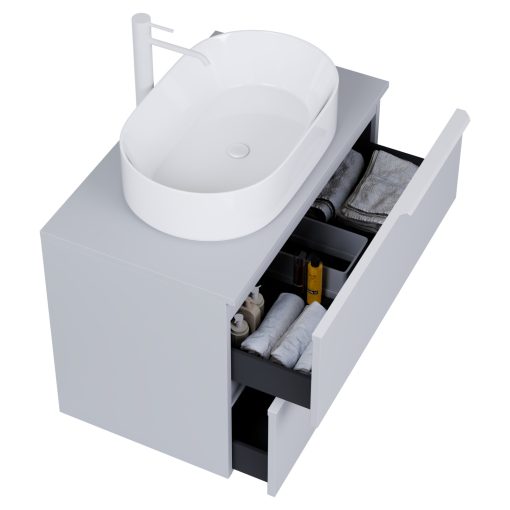 HD Carona Fume Grey 60 komplett fürdőszoba bútor fali mosdószekrénnyel, matt fehér fogantyúkkal, szürke mosdópulttal és tükörrel