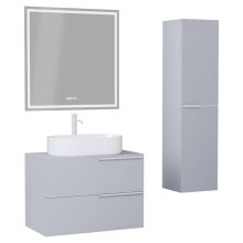 HD Carona Fume Grey 60 komplett fürdőszoba bútor szett fali mosdószekrénnyel, matt fehér fogantyúkkal, szürke mosdópulttal, tükörrel és magasszekrénnyel