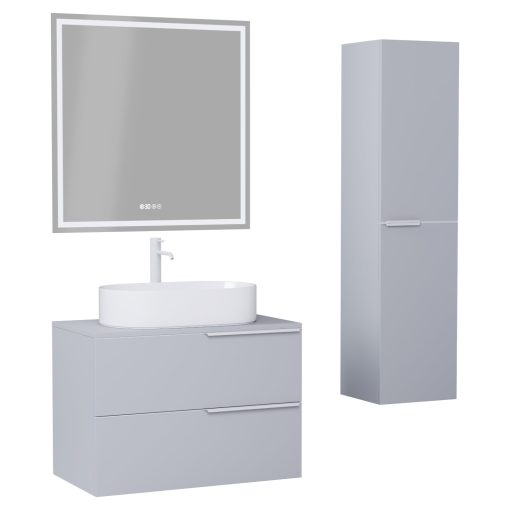 HD Carona Fume Grey 60 komplett fürdőszoba bútor szett fali mosdószekrénnyel, matt fehér fogantyúkkal, szürke mosdópulttal, tükörrel és magasszekrénnyel