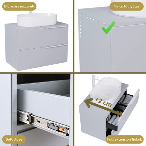 HD Carona Fume Grey 60 komplett fürdőszoba bútor szett fali mosdószekrénnyel, matt fehér fogantyúkkal, szürke mosdópulttal, tükörrel és magasszekrénnyel