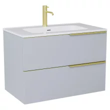 HD Cremona Fume Grey 60 fali mosdószekrény szálcsiszolt arany fogantyúkkal és fényes fehér slim mosdóval