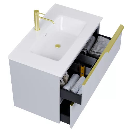 HD Cremona Fume Grey 60 fali mosdószekrény szálcsiszolt arany fogantyúkkal és fényes fehér slim mosdóval