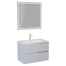 HD Cremona Fume Grey 60 komplett fürdőszoba bútor fali mosdószekrénnyel, szálcsiszolt arany fogantyúkkal, fényes fehér slim mosdóval és tükörrel