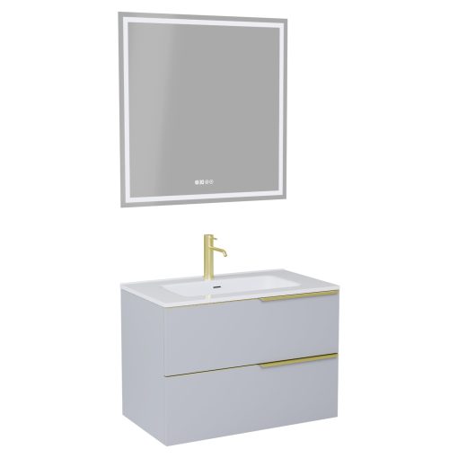 HD Cremona Fume Grey 60 komplett fürdőszoba bútor fali mosdószekrénnyel, szálcsiszolt arany fogantyúkkal, fényes fehér slim mosdóval és tükörrel