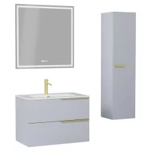 HD Cremona Fume Grey 60 komplett fürdőszoba bútor szett fali mosdószekrénnyel, szálcsiszolt arany fogantyúkkal, fényes fehér slim mosdóval, tükörrel és magasszekrénnyel