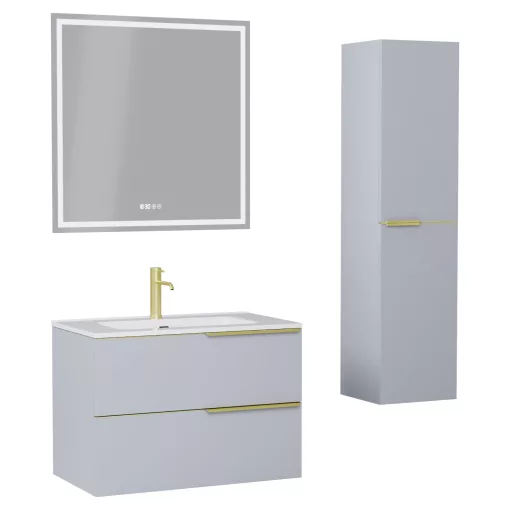 HD Cremona Fume Grey 60 komplett fürdőszoba bútor szett fali mosdószekrénnyel, szálcsiszolt arany fogantyúkkal, fényes fehér slim mosdóval, tükörrel és magasszekrénnyel
