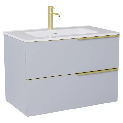 HD Cremona Fume Grey 60 komplett fürdőszoba bútor szett fali mosdószekrénnyel, szálcsiszolt arany fogantyúkkal, fényes fehér slim mosdóval, tükörrel és magasszekrénnyel