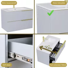 HD Cremona Fume Grey 60 komplett fürdőszoba bútor szett fali mosdószekrénnyel, szálcsiszolt arany fogantyúkkal, fényes fehér slim mosdóval, tükörrel és magasszekrénnyel