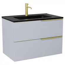 HD Cremona Fume Grey 60 fali mosdószekrény szálcsiszolt arany fogantyúkkal és matt fekete slim mosdóval