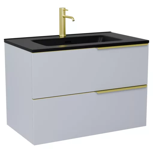 HD Cremona Fume Grey 60 fali mosdószekrény szálcsiszolt arany fogantyúkkal és matt fekete slim mosdóval