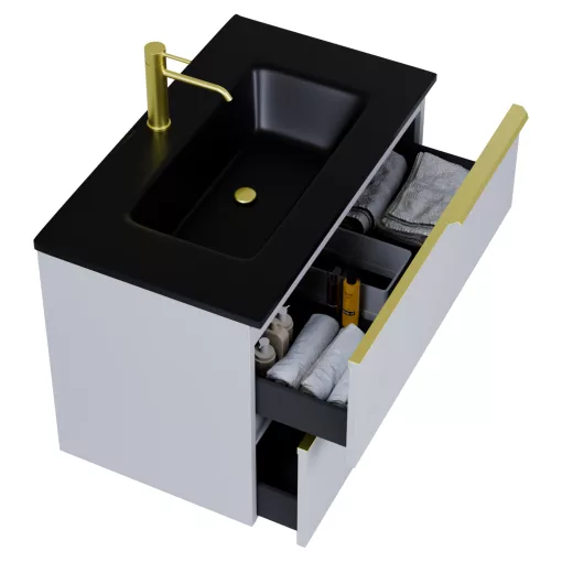 HD Cremona Fume Grey 60 fali mosdószekrény szálcsiszolt arany fogantyúkkal és matt fekete slim mosdóval