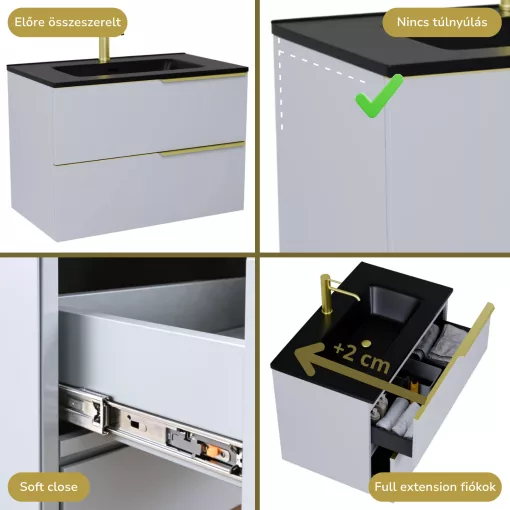 HD Cremona Fume Grey 60 fali mosdószekrény szálcsiszolt arany fogantyúkkal és matt fekete slim mosdóval