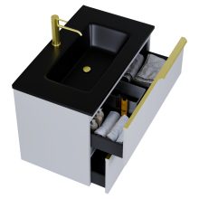 HD Cremona Fume Grey 60 komplett fürdőszoba bútor fali mosdószekrénnyel, szálcsiszolt arany fogantyúkkal, matt fekete slim mosdóval és tükörrel