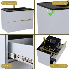 HD Cremona Fume Grey 60 komplett fürdőszoba bútor fali mosdószekrénnyel, szálcsiszolt arany fogantyúkkal, matt fekete slim mosdóval és tükörrel