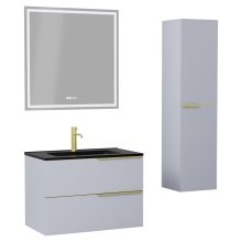 HD Cremona Fume Grey 60 komplett fürdőszoba bútor szett fali mosdószekrénnyel, szálcsiszolt arany fogantyúkkal, matt fekete slim mosdóval, tükörrel és magasszekrénnyel