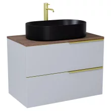 HD Carona Fume Grey 60 fali mosdószekrény tölgyfa színű mosdópulttal és szálcsiszolt arany fogantyúkkal