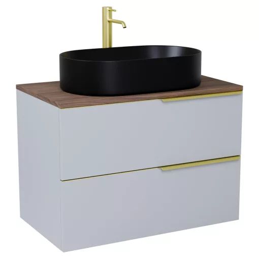 HD Carona Fume Grey 60 fali mosdószekrény tölgyfa színű mosdópulttal és szálcsiszolt arany fogantyúkkal