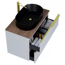 HD Carona Fume Grey 60 fali mosdószekrény tölgyfa színű mosdópulttal és szálcsiszolt arany fogantyúkkal