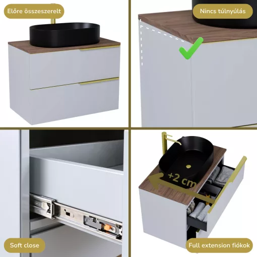 HD Carona Fume Grey 60 fali mosdószekrény tölgyfa színű mosdópulttal és szálcsiszolt arany fogantyúkkal