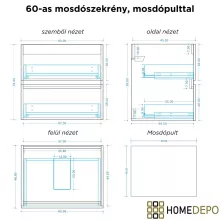 HD Carona Fume Grey 60 fali mosdószekrény tölgyfa színű mosdópulttal és szálcsiszolt arany fogantyúkkal