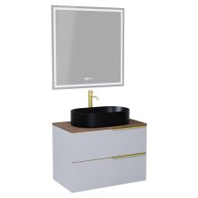 HD Carona Fume Grey 60 komplett fürdőszoba bútor fali mosdószekrénnyel, szálcsiszolt arany fogantyúkkal, tölgyfa színű mosdópulttal és tükörrel