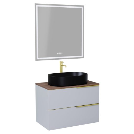 HD Carona Fume Grey 60 komplett fürdőszoba bútor fali mosdószekrénnyel, szálcsiszolt arany fogantyúkkal, tölgyfa színű mosdópulttal és tükörrel