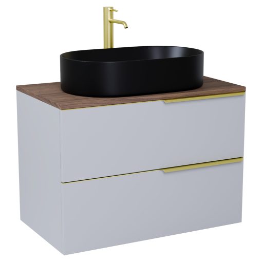 HD Carona Fume Grey 60 komplett fürdőszoba bútor fali mosdószekrénnyel, szálcsiszolt arany fogantyúkkal, tölgyfa színű mosdópulttal és tükörrel