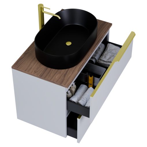 HD Carona Fume Grey 60 komplett fürdőszoba bútor fali mosdószekrénnyel, szálcsiszolt arany fogantyúkkal, tölgyfa színű mosdópulttal és tükörrel