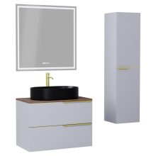 HD Carona Fume Grey 60 komplett fürdőszoba bútor szett fali mosdószekrénnyel, szálcsiszolt arany fogantyúkkal, tölgyfa színű mosdópulttal, tükörrel és magasszekrénnyel