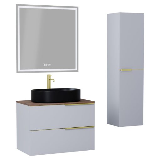 HD Carona Fume Grey 60 komplett fürdőszoba bútor szett fali mosdószekrénnyel, szálcsiszolt arany fogantyúkkal, tölgyfa színű mosdópulttal, tükörrel és magasszekrénnyel