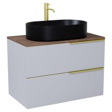 HD Carona Fume Grey 60 komplett fürdőszoba bútor szett fali mosdószekrénnyel, szálcsiszolt arany fogantyúkkal, tölgyfa színű mosdópulttal, tükörrel és magasszekrénnyel