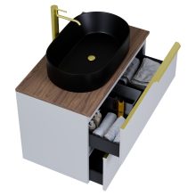 HD Carona Fume Grey 60 komplett fürdőszoba bútor szett fali mosdószekrénnyel, szálcsiszolt arany fogantyúkkal, tölgyfa színű mosdópulttal, tükörrel és magasszekrénnyel