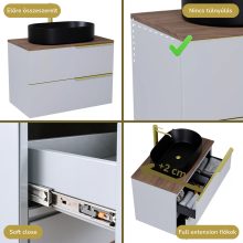 HD Carona Fume Grey 60 komplett fürdőszoba bútor szett fali mosdószekrénnyel, szálcsiszolt arany fogantyúkkal, tölgyfa színű mosdópulttal, tükörrel és magasszekrénnyel