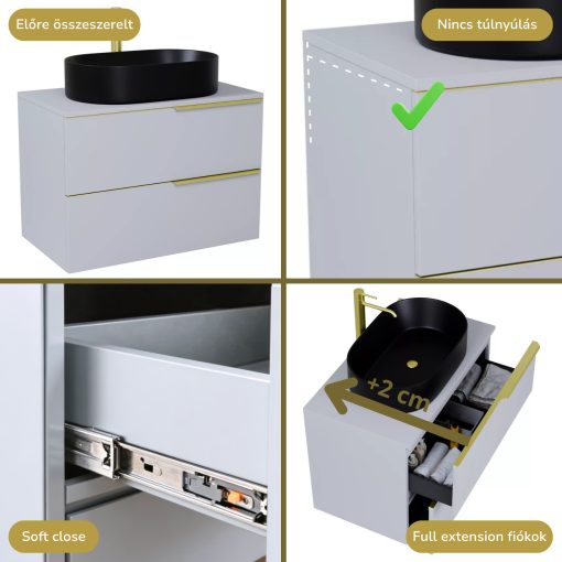 HD Carona Fume Grey 60 fali mosdószekrény füst szürke mosdópulttal és szálcsiszolt arany fogantyúkkal