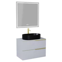 HD Carona Fume Grey 60 komplett fürdőszoba bútor fali mosdószekrénnyel, szálcsiszolt arany fogantyúkkal, szürke mosdópulttal és tükörrel