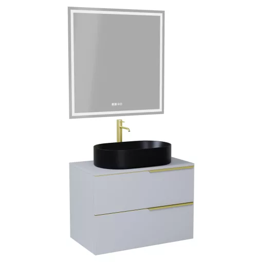 HD Carona Fume Grey 60 komplett fürdőszoba bútor fali mosdószekrénnyel, szálcsiszolt arany fogantyúkkal, szürke mosdópulttal és tükörrel