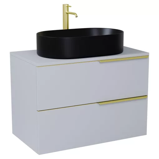 HD Carona Fume Grey 60 komplett fürdőszoba bútor fali mosdószekrénnyel, szálcsiszolt arany fogantyúkkal, szürke mosdópulttal és tükörrel