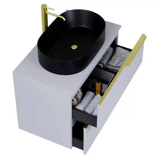 HD Carona Fume Grey 60 komplett fürdőszoba bútor fali mosdószekrénnyel, szálcsiszolt arany fogantyúkkal, szürke mosdópulttal és tükörrel