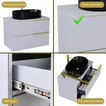 HD Carona Fume Grey 60 komplett fürdőszoba bútor fali mosdószekrénnyel, szálcsiszolt arany fogantyúkkal, szürke mosdópulttal és tükörrel