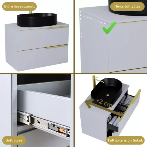 HD Carona Fume Grey 60 komplett fürdőszoba bútor fali mosdószekrénnyel, szálcsiszolt arany fogantyúkkal, szürke mosdópulttal és tükörrel