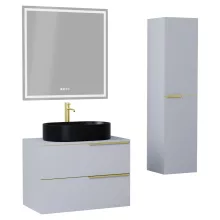 HD Carona Fume Grey 60 komplett fürdőszoba bútor szett fali mosdószekrénnyel, szálcsiszolt arany fogantyúkkal, szürke mosdópulttal, tükörrel és magasszekrénnyel