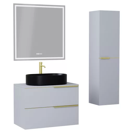 HD Carona Fume Grey 60 komplett fürdőszoba bútor szett fali mosdószekrénnyel, szálcsiszolt arany fogantyúkkal, szürke mosdópulttal, tükörrel és magasszekrénnyel