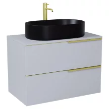 HD Carona Fume Grey 60 komplett fürdőszoba bútor szett fali mosdószekrénnyel, szálcsiszolt arany fogantyúkkal, szürke mosdópulttal, tükörrel és magasszekrénnyel