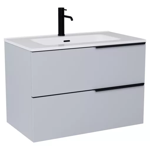 HD Cremona Fume Grey 60 fali mosdószekrény matt fekete fogantyúkkal és fényes fehér slim mosdóval
