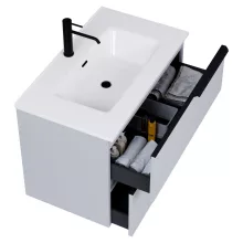 HD Cremona Fume Grey 60 fali mosdószekrény matt fekete fogantyúkkal és fényes fehér slim mosdóval