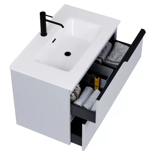 HD Cremona Fume Grey 60 fali mosdószekrény matt fekete fogantyúkkal és fényes fehér slim mosdóval