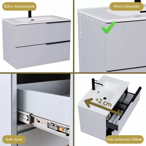 HD Cremona Fume Grey 60 fali mosdószekrény matt fekete fogantyúkkal és fényes fehér slim mosdóval